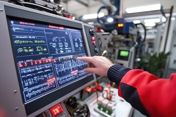 Technician calibrates robotic arm using a touchscreen panel for data interaction