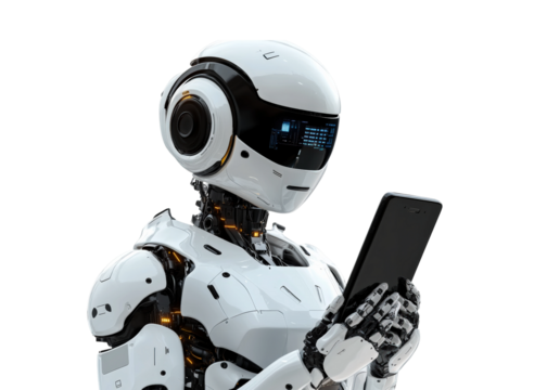 Ai robot using smartphone against high fidelity digital technology concept isolated on transparent background png