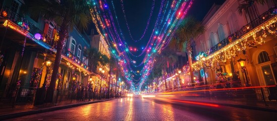 Obraz premium Festively Illuminated City Street at Night with Colorful Lights and the Vibrant Atmosphere of a Celebratory Holiday or Festival Event in an Urban Landscape Setting