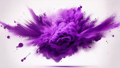 Vibrant Purple Paint Explosion Abstract Art Colored Clouds Over White Backdrop Creating a Striking and Whimsical Scene