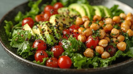 Vibrant healthy salad bowl with avocado, chickpeas, cherry tomatoes, quinoa, and kale.