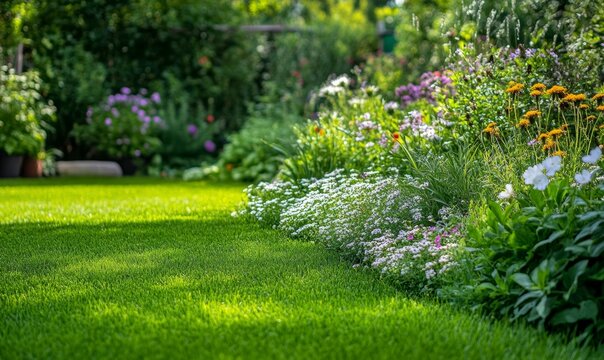 Delicate flowers of gatassaniye and pyrethrum in a lush green garden on the grassy lawn, outdoor flowers, pyrethrum flowers, garden decor
