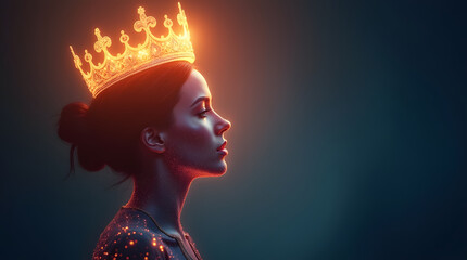 A glowing holographic crown above a woman’s head, symbolizing leadership and success in business