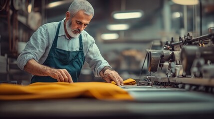 Textile worker skillfully stitches fabric at a well-organized sewing station, surrounded by tools