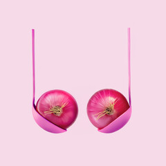 Two red onions in pink ladles resembling bra and boobs, isolated pastel pink background. Creative food concept. Body positivity. Humorous and symbolic design. Minimal front view.