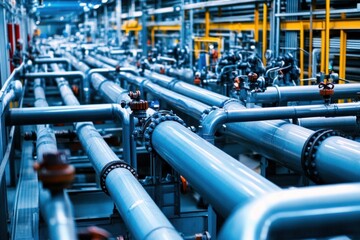 Aerial view of interconnected gas pipelines leading to a central collection hub in a facility