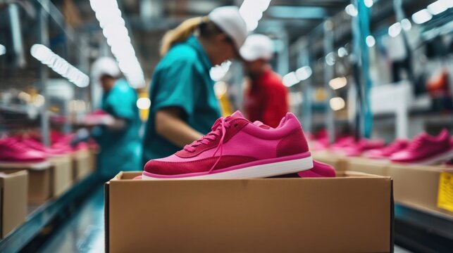 Workers are packaging vibrant shoes into boxes in a clean and efficient factory setting