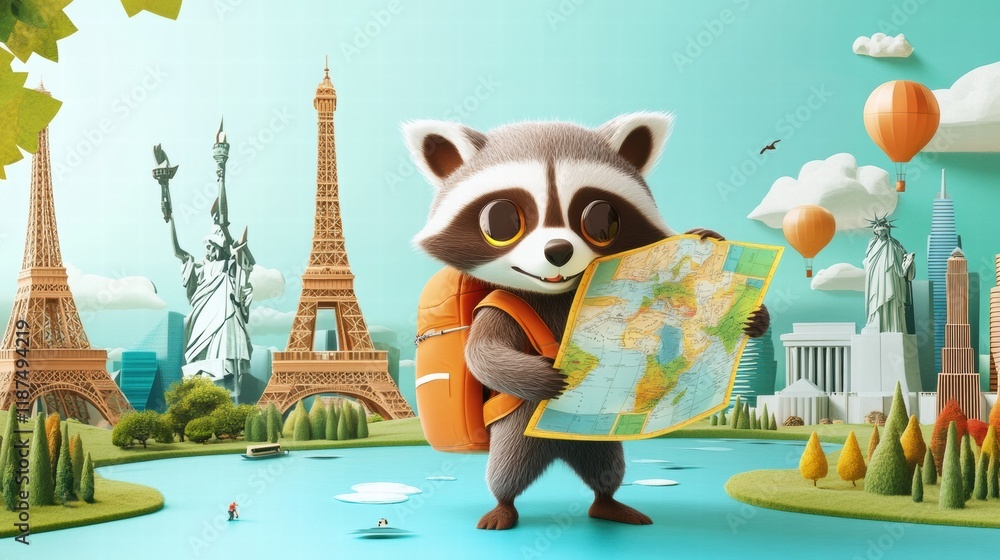 Aufkleber raccoon exploring global landmarks with a map and backpack on a bright sunny day. generative ai