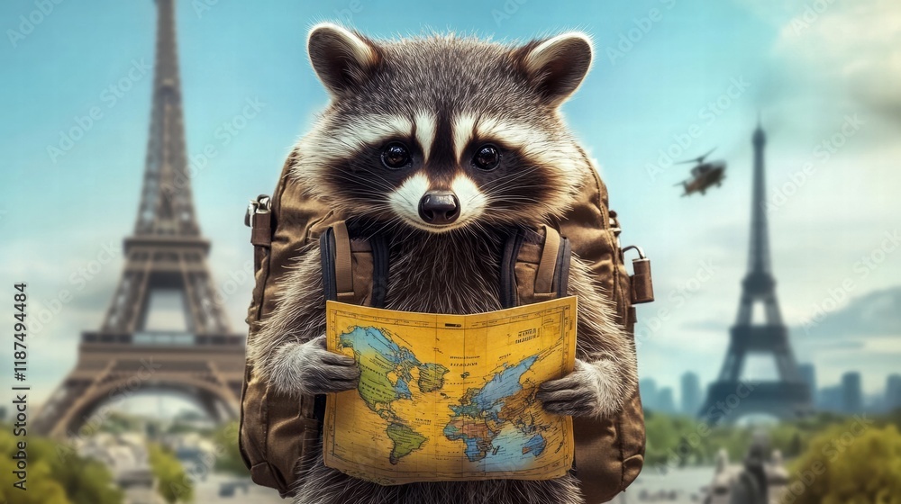 Leinwandbilder raccoon exploring famous landmarks with a map and backpack in a busy city. generative ai