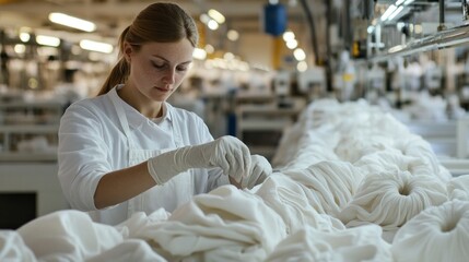 Worker organizes fabric samples for quality testing in a tidy textile factory environment