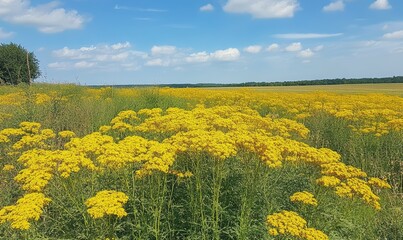 Obraz premium Field of Achillea collina with vibrant yellow blooms, rural landscape, yellow flowers