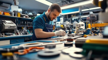 Worker focuses intently, using a digital caliper for precise measurements at a clean workbench