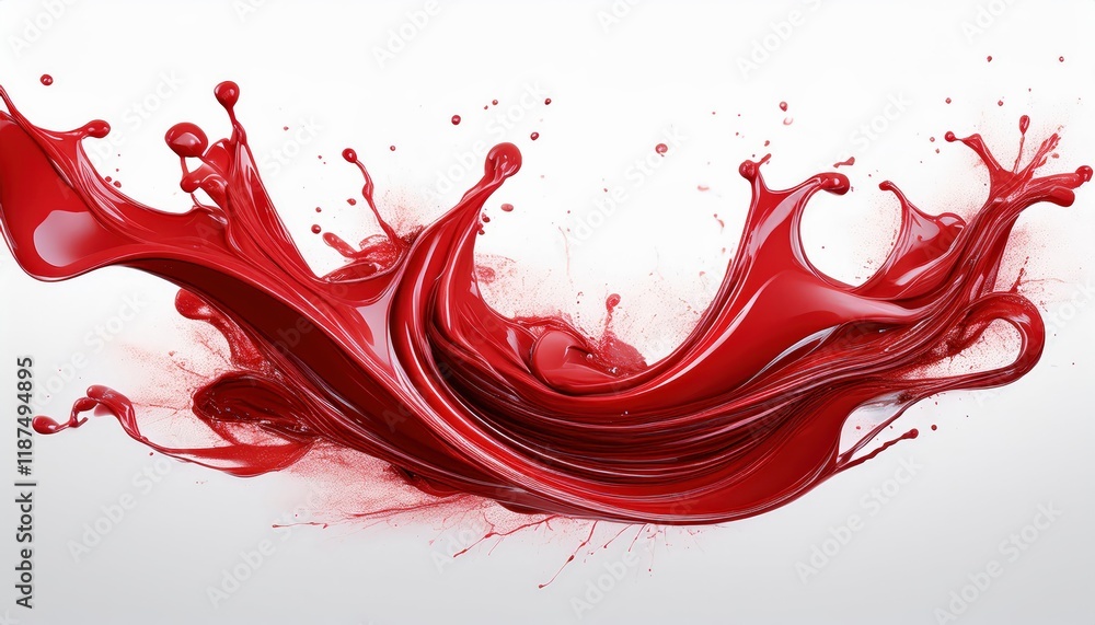 Poster dynamic red liquid splashes creating swirling waves and scattered drops on a dark background, offeri
