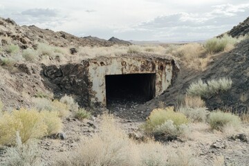 Abandoned mine shaft entrance surrounded by overgrown vegetation showcasing decay and history