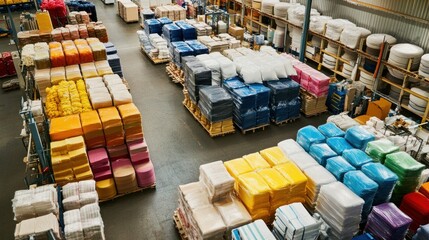 Aerial view of a textile facility with vibrant materials and logistics trucks