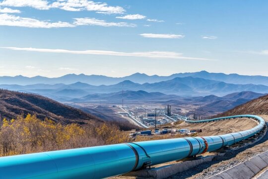 Pipelines extend across an oil field with a distant mountain range under a clear blue sky