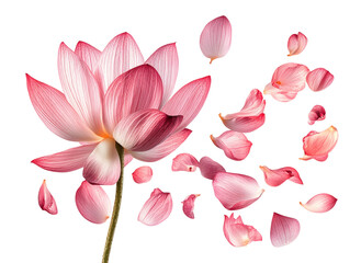 Falling pink lotus flower petals on high fidelity nature minimalist concept isolated on transparent background png