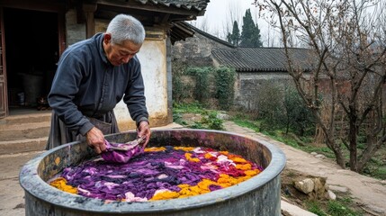 Artisan carefully dyes vibrant silk fabric with natural colors in a serene village setting