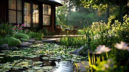 Fototapeta premium A pond in front of a house with water lilies in the foreground and a bench in the background