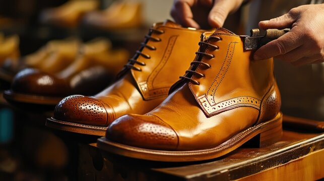 Artisan applies final polish to exquisite leather shoes, highlighting skill and craftsmanship