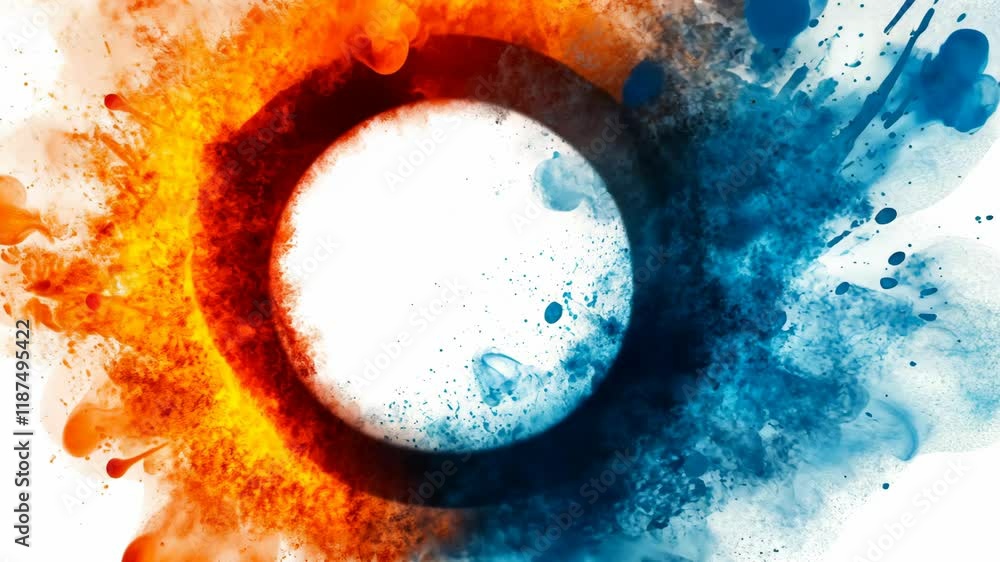 Poster colorful explosion of orange and blue paints creating a dynamic circular pattern with splashes