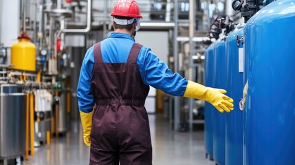 Worker in safety equipment checks chemical tanks for quality assurance in a bright industrial space