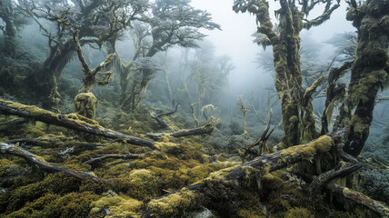 霧に包まれた森と苔むす倒木の幻想的な朝