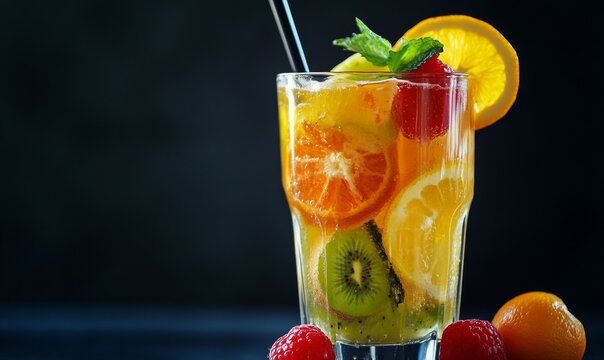 Juicy Fruit Cocktail in a Glass Over Dark Background, fiesta, colorido, refresco