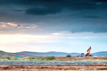 An oil pumpjack functions within a sprawling desert terrain as the sun sets brilliantly