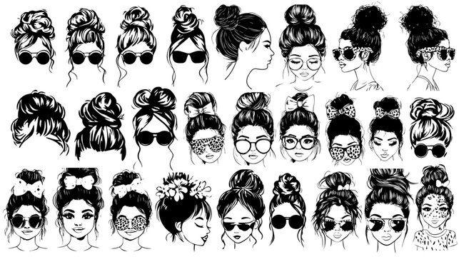 Messy bun hairstyle great set collection clip art silhouette, momlife black messy bun hair vector illustration on white background.