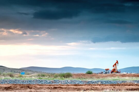 An oil pumpjack functions within a sprawling desert terrain as the sun sets brilliantly