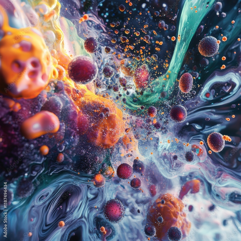 Poster colorful abstract portrayal of swirling bacteria and microbes in liquid environment with dynamic mov