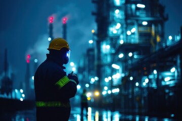 Emergency responders and workers participate in a safety drill at a gas facility under night lights