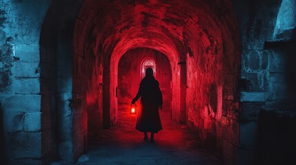 A hooded figure walks through a dimly lit ancient passage