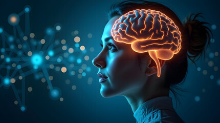 A holographic representation of a woman’s brain glowing with creative ideas, surrounded by business symbols