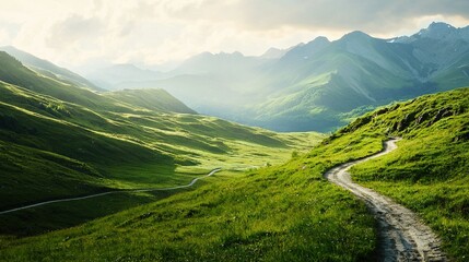 Fototapeta premium A winding road winds through a lush green valley with a mountain range in the background and another winding road in the foreground