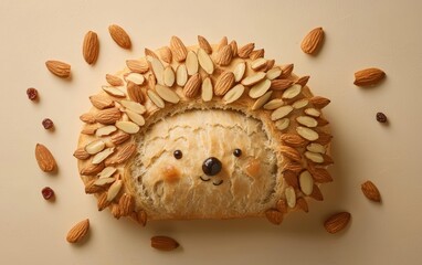 Obraz premium A bread roll crafted as a hedgehog, with almond slices for quills and raisins for eyes on a pastel beige backdrop