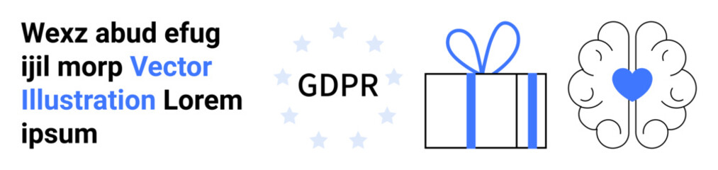 GDPR text surrounded by stars, gift box with ribbon, heart in a brain shape, and placeholder text. Ideal for GDPR, data privacy, compliance, security, protection digital rights user consent themes