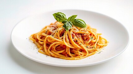 Spaghetti with Tomato Sauce: A simple, yet delicious serving of spaghetti pasta coated in a rich tomato sauce, topped with fresh basil leaves and a sprinkle of grated Parmesan cheese.