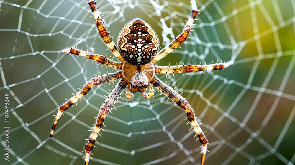 Aufkleber Close Up of Colorful Spider on Intricate Web Macro Exploration of Natures Wildlife, Showcasing Unique Patterns and Textures in Outdoor Arachnid Scene.