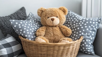 A stylish Scandinavian-style children's space with a teddy bear in a basket and gray star-pattern accents.