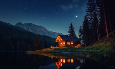 Fototapeta premium Illuminated Lakeside Cabin Mountain Night Sky