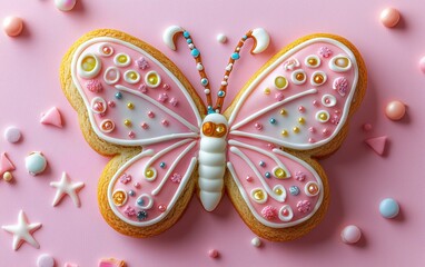 A cookie decorated as a butterfly, with icing wings and sprinkle details on a pastel pink surface