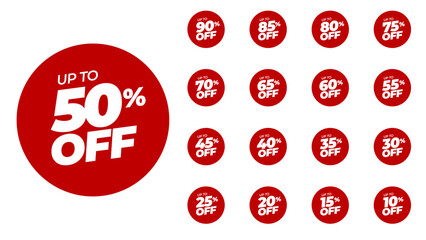 Special offer discount on red rounded tags with different value percent off 90, 85, 80, 75, 70, 65, 60, 55, 50, 45, 40, 35, 30, 25, 20, 15, 10 percentage price reduction label. Sale offer emblem set.