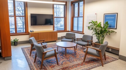 Fototapeta premium Bright wooden waiting room with comfortable chairs, a large TV, and a mobile phone positioned on the corner of the table.