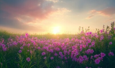 Mass blooming of pink phlox flowers in a field, garden flowers, nature, colors