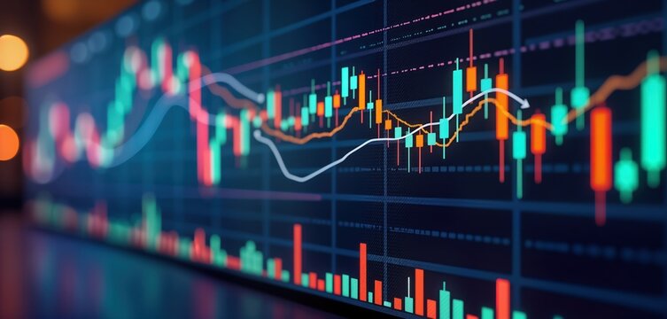 Digital display shows stock market data with vibrant graphs. Colorful charts, technical indicators illustrate market fluctuations. Dynamic tech visualization of financial trends. AI generated visuals