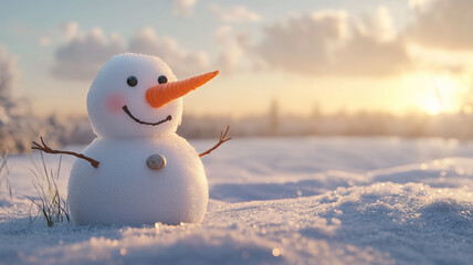 冬の朝、広がる雪原を背景にしたニンジンの鼻と石の目を持つ雪だるま