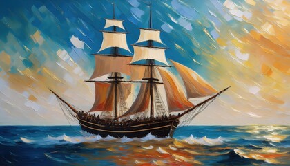 Majestic Sailing Ship Cruising Peacefully Against a Stunning Sunset Seascape, With Waves Glistening in Golden Light