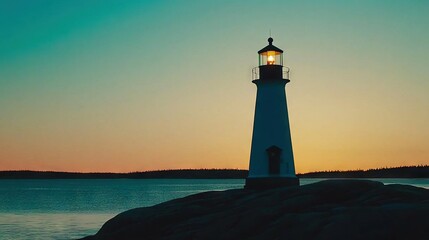 Fototapeta premium A lighthouse perched atop a rock, overlooking water and bathed in sunset's glow